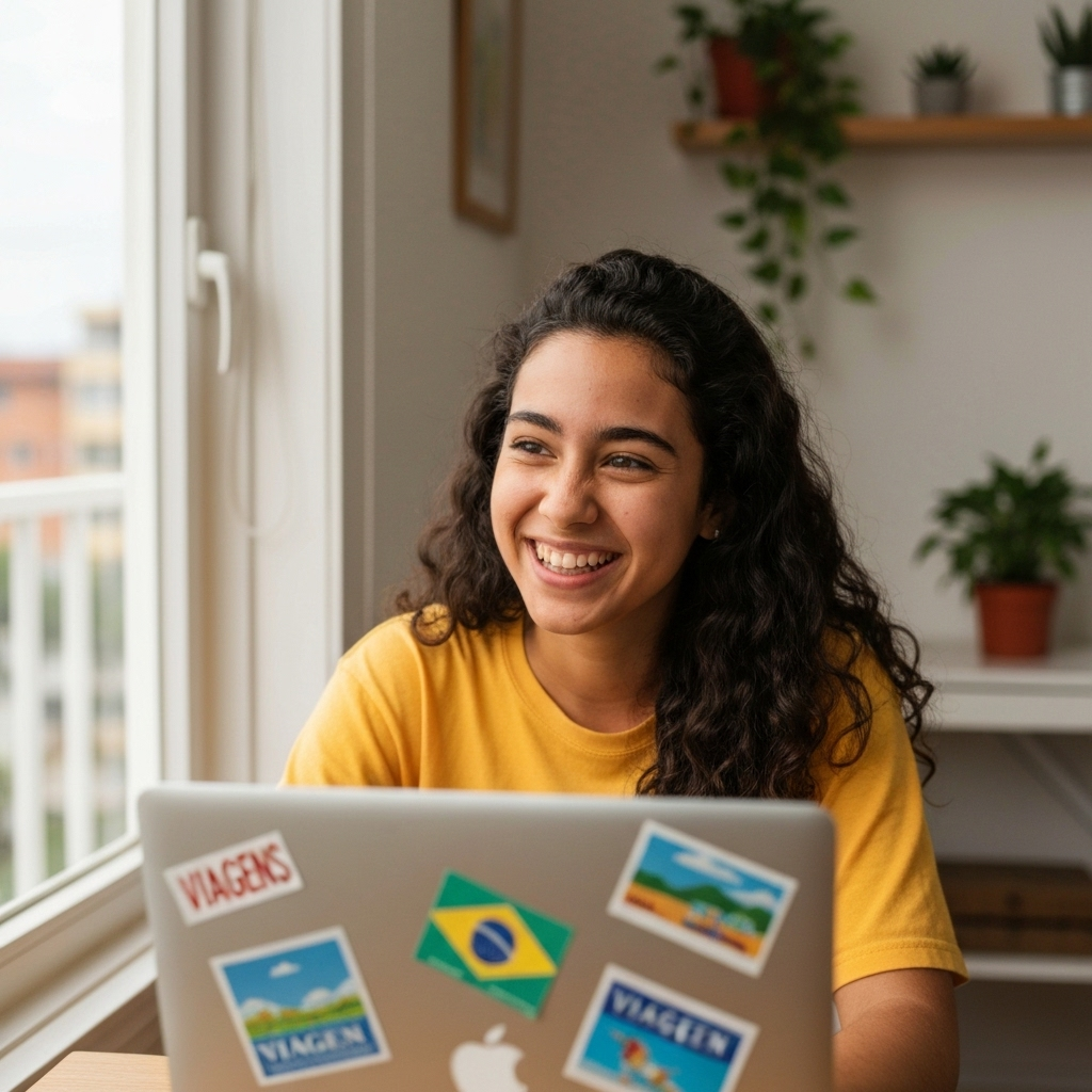 Jovem sorrindo com mala em aeroporto, representando intercâmbio Au Pair.