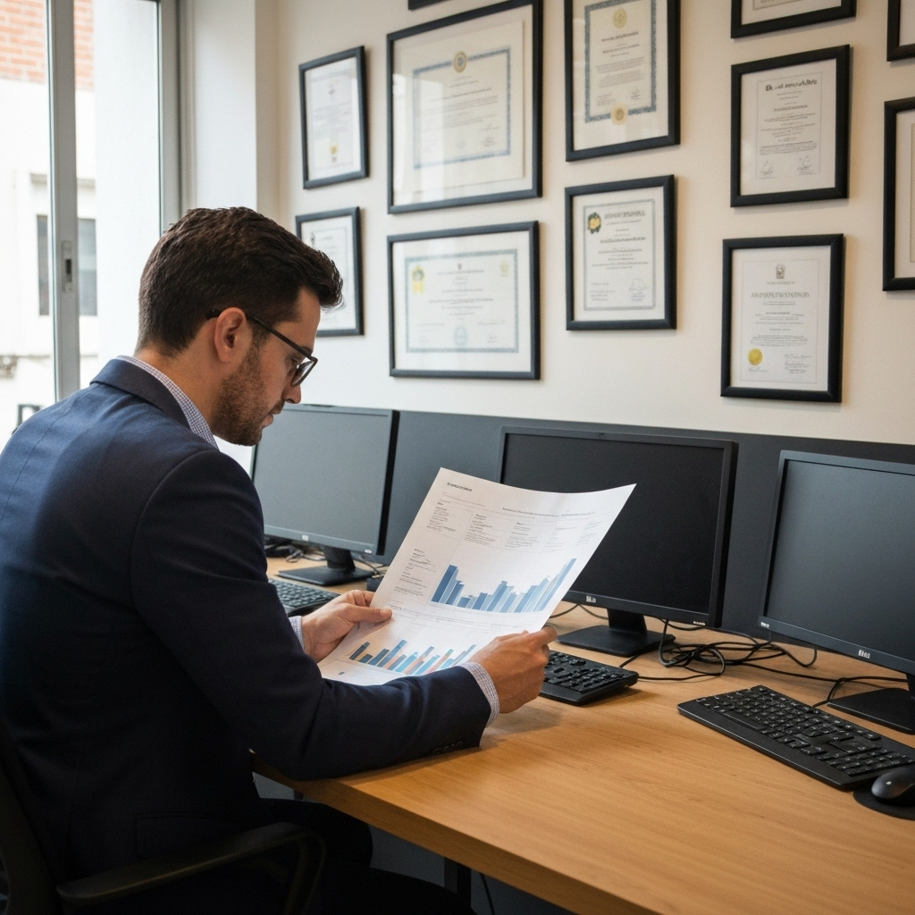 Investidor anjo analisando dados em um escritório moderno