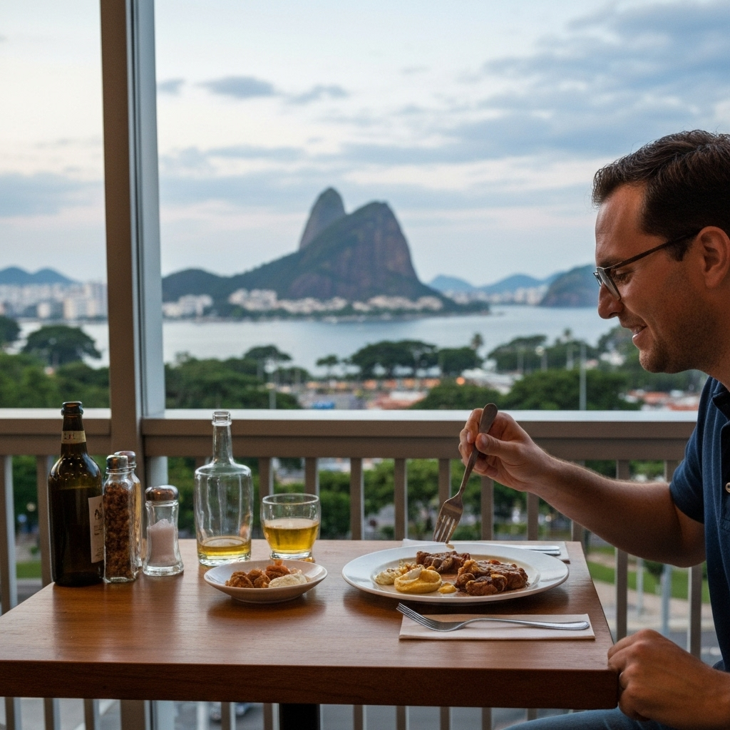 Pão de Açúcar emoldurado por pratos do Sabores com Vista, Botafogo Praia Shopping
