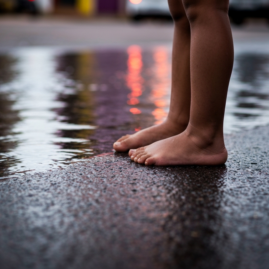 Pessoa caminhando na água da chuva alagada.
