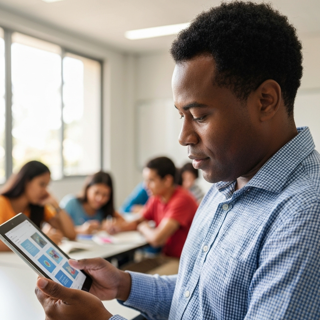 Professores utilizando tablets com IA em sala de aula, São Paulo, 2025.