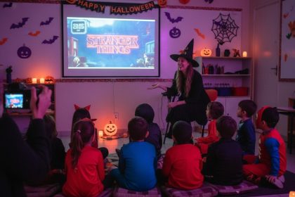 Abóboras de Halloween sorrindo, com legendas em inglês.