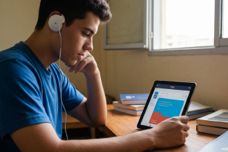Estudante usando tablet para estudar com IA para o Enem.