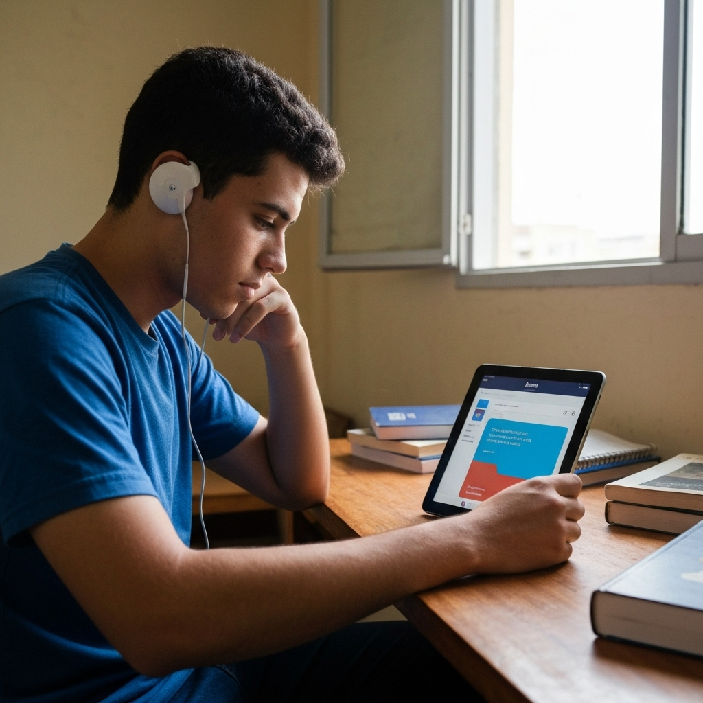 Estudante usando tablet para estudar com IA para o Enem.