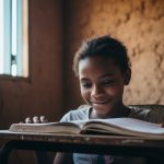 Menina brasileira sorrindo em sala de aula.