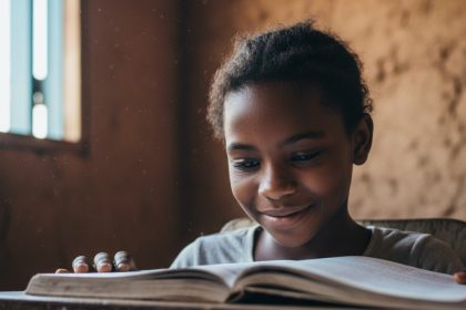 Menina brasileira sorrindo em sala de aula.