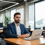 Jovem liderando reunião com equipe diversa.