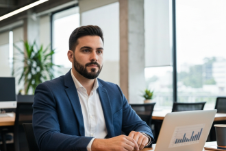 Jovem liderando reunião com equipe diversa.