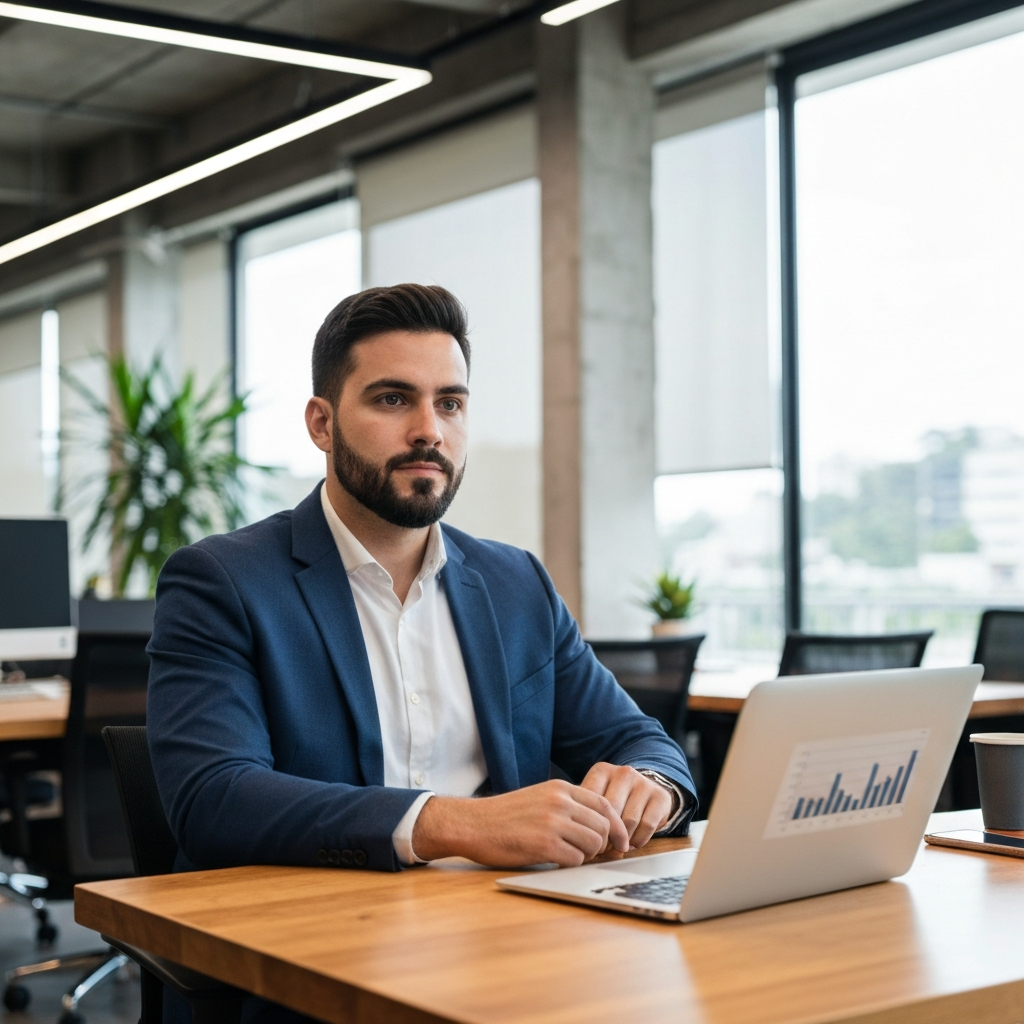 Jovem liderando reunião com equipe diversa.