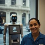 Robô atendendo cliente em loja, com expressão amigável