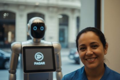 Robô atendendo cliente em loja, com expressão amigável