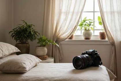 Quarto harmonizado com Feng Shui, cores claras e luz natural.