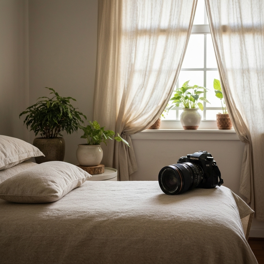 Quarto harmonizado com Feng Shui, cores claras e luz natural.