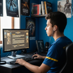Personagem de videogame imerso na tela, com legendas em inglês.