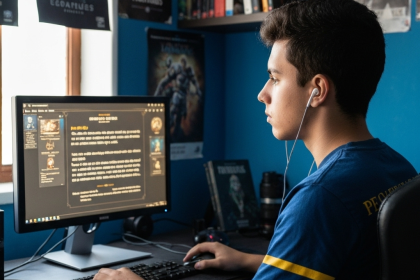 Personagem de videogame imerso na tela, com legendas em inglês.