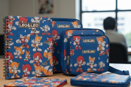 Sonic em produtos escolares e eletrônicos da Grupo Leonora