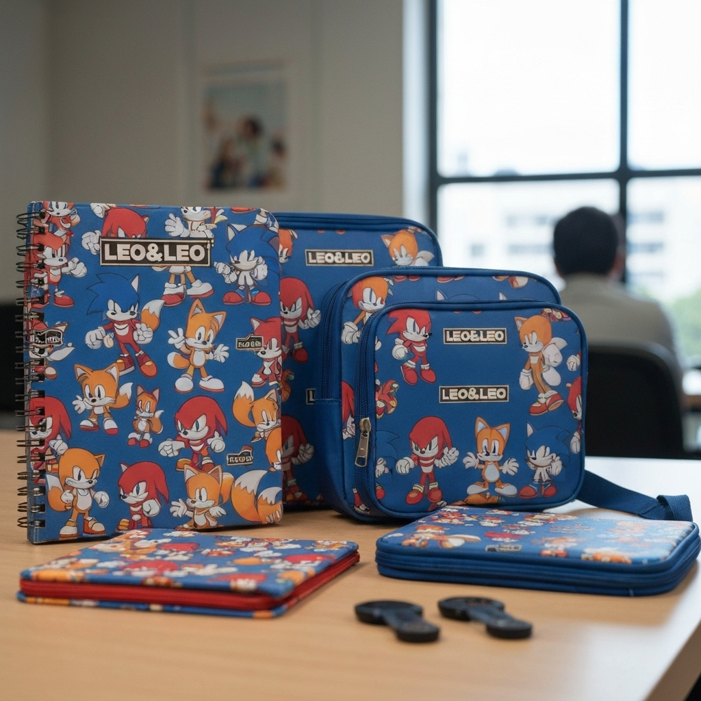 Sonic em produtos escolares e eletrônicos da Grupo Leonora