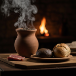 Ilustração de um ensopado medieval servido em uma taverna escura.