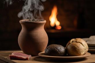 Ilustração de um ensopado medieval servido em uma taverna escura.