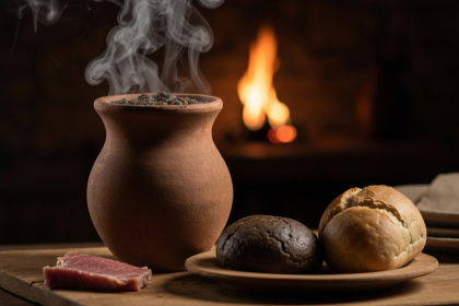 Ilustração de um ensopado medieval servido em uma taverna escura.