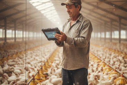 Frangos em galpão com iluminação digital.