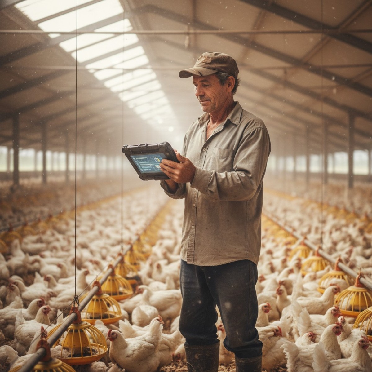 Frangos em galpão com iluminação digital.