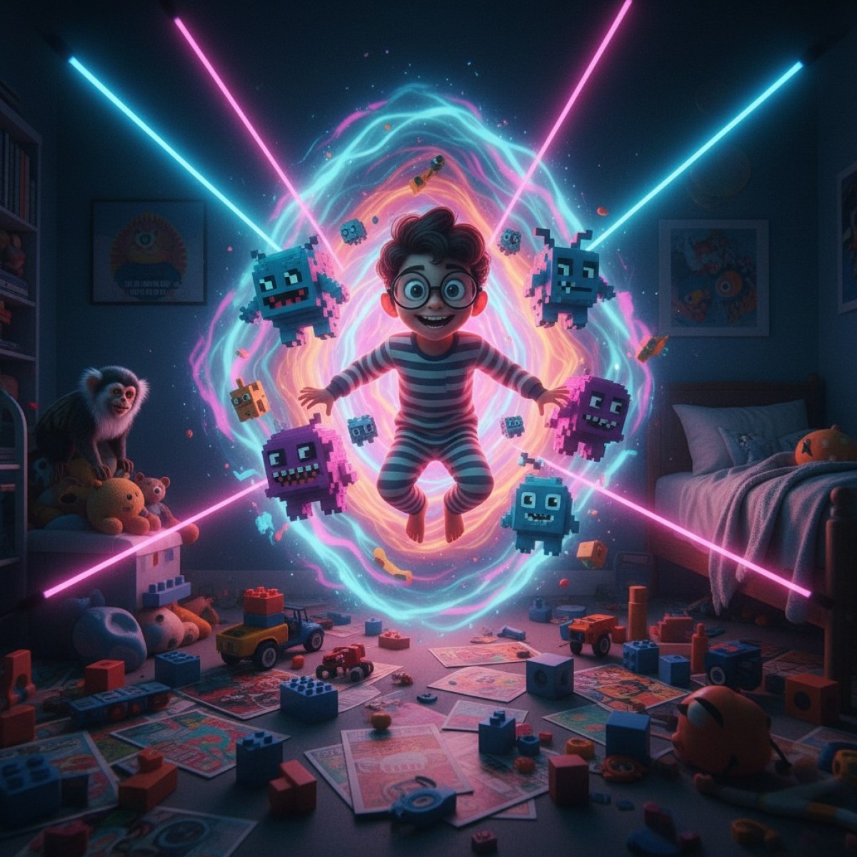 Max Medroso enfrentando um monstro digital em um portal interdimensional