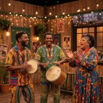 Elenco de Clube Spelunca reunido em frente à entrada do clube.