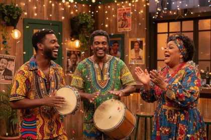 Elenco de Clube Spelunca reunido em frente à entrada do clube.