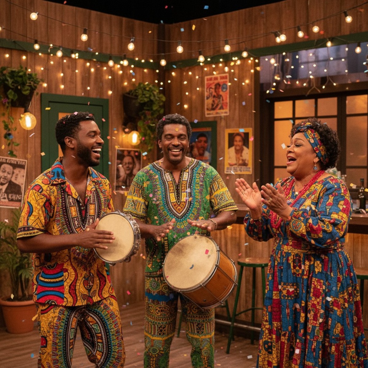 Elenco de Clube Spelunca reunido em frente à entrada do clube.