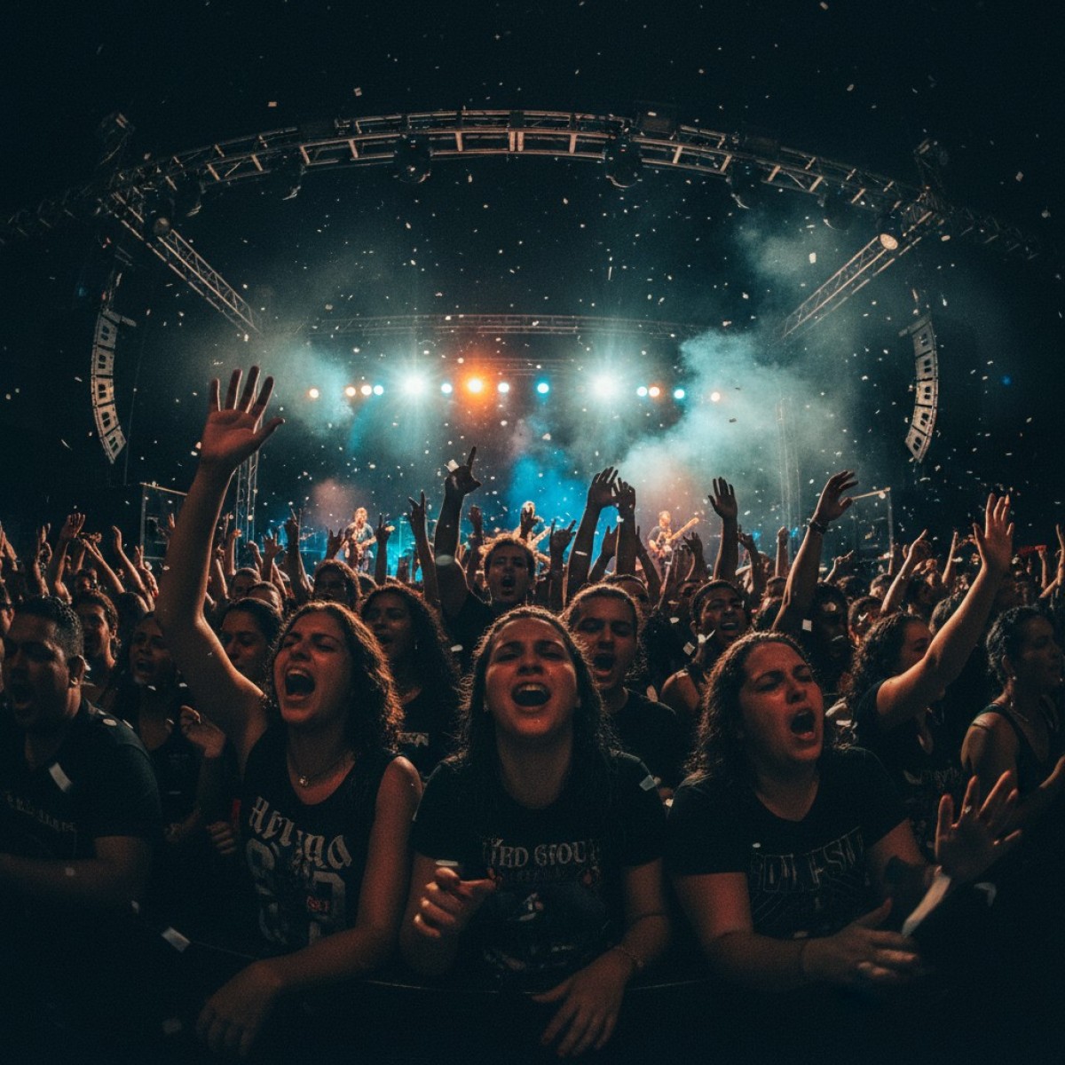 Público vibrante em show com a Ópera de Arame ao fundo, em Curitiba.