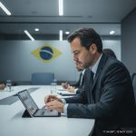 Bandeiras do Brasil e dos EUA tremulando lado a lado, nublado.