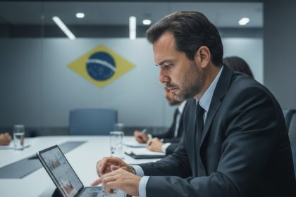 Bandeiras do Brasil e dos EUA tremulando lado a lado, nublado.