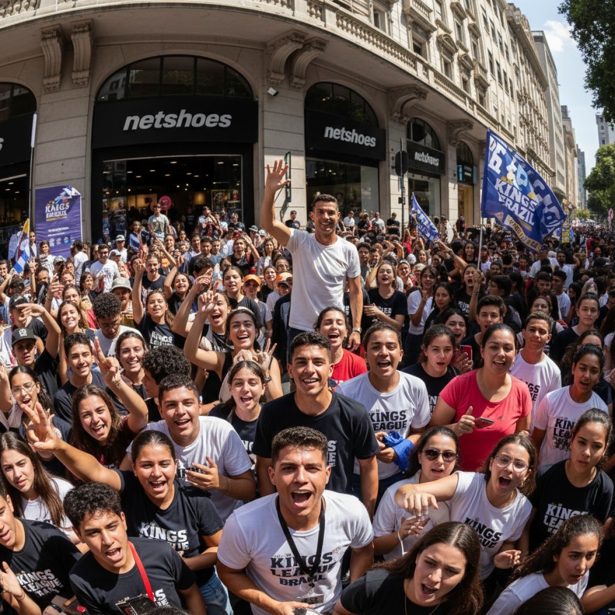 Logotipo da Kings League Brazil e Netshoes em fundo de gramado sintético.