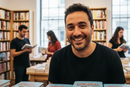 Diogo Portugal sorrindo com o livro na mão