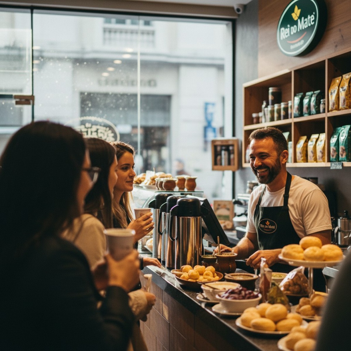 Logotipo Rei do Mate em fachada de loja