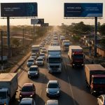 Caminhões parados no trânsito simbolizando desafios do nearshoring na América Latina.