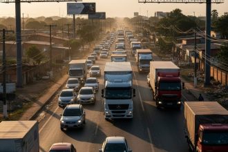 Caminhões parados no trânsito simbolizando desafios do nearshoring na América Latina.