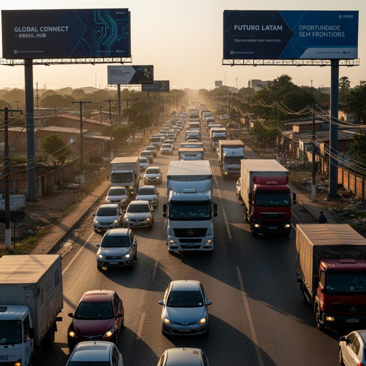 Caminhões parados no trânsito simbolizando desafios do nearshoring na América Latina.
