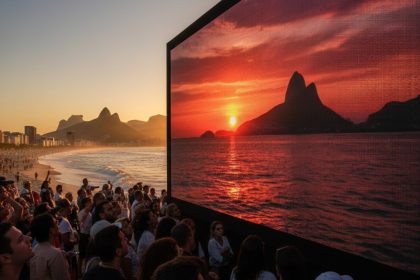 Painel LED Leyard Planar exibindo o pôr do sol ao vivo no Rio de Janeiro.