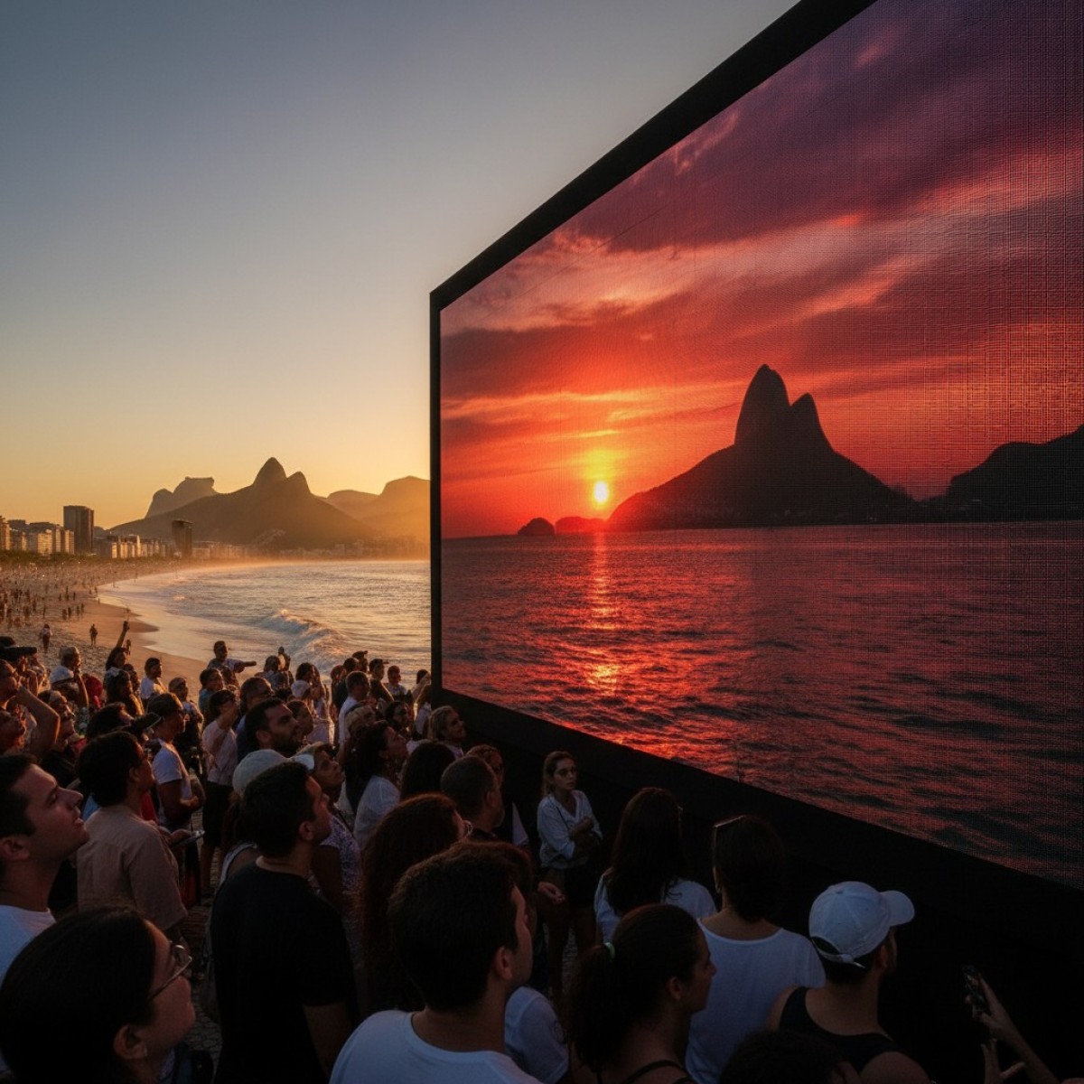 Painel LED Leyard Planar exibindo o pôr do sol ao vivo no Rio de Janeiro.