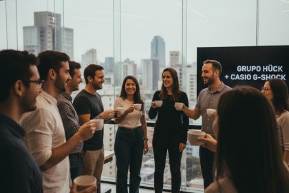 Relógio G-Shock em destaque com o logo da HÜCK ao fundo.