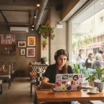 Jovem personalizando conteúdo digital em dispositivo móvel.