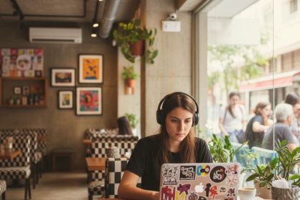 Jovem personalizando conteúdo digital em dispositivo móvel.