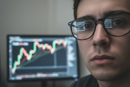 Homem analisando gráficos financeiros em tela com IA.