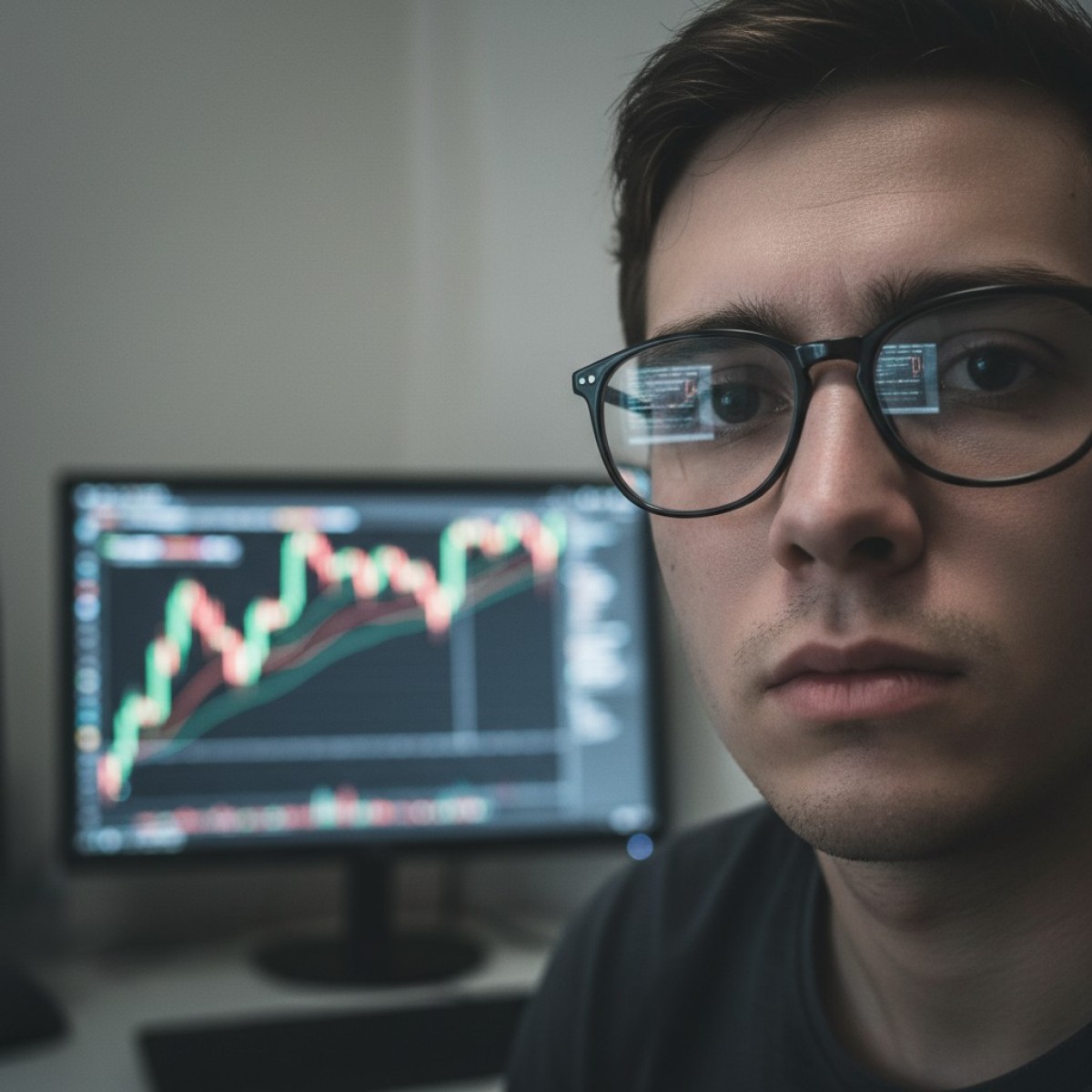 Homem analisando gráficos financeiros em tela com IA.