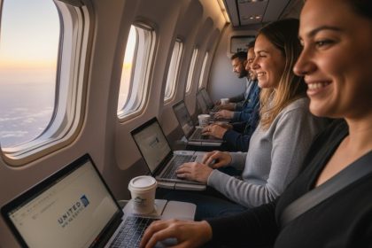 Avião da United Airlines com logo Starlink