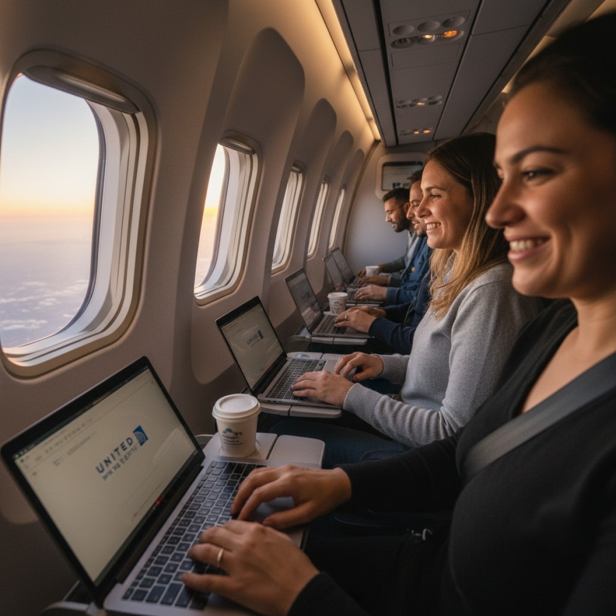 Avião da United Airlines com logo Starlink