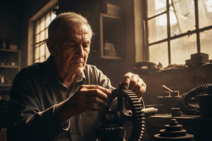 Engrenagens enferrujadas simbolizando obsolescência e necessidade de reinvenção.