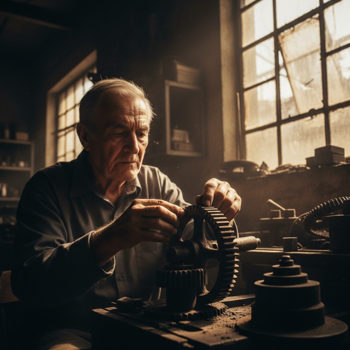 Engrenagens enferrujadas simbolizando obsolescência e necessidade de reinvenção.